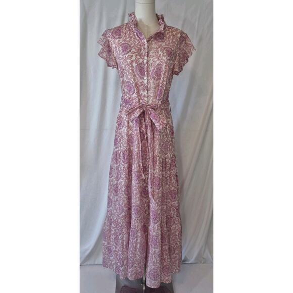 Oliphant Tuckernuck Malta Pink Ruffle Collar Button Down Maxi Dress Medium - Picture 3 of 10